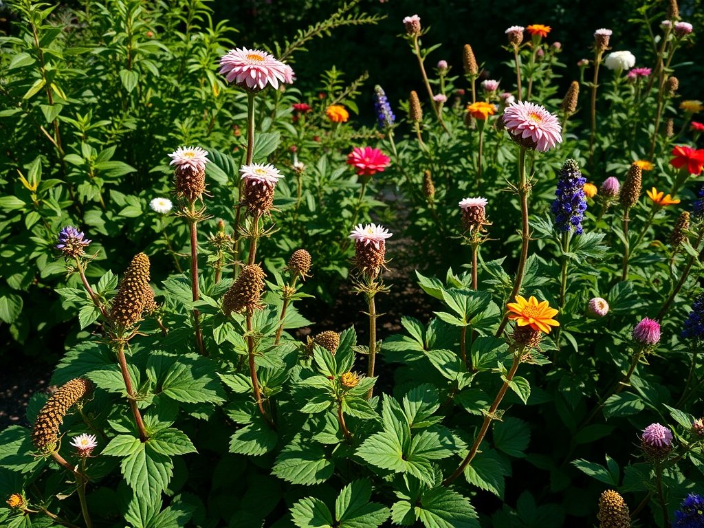 Uitzicht op een tuin met bloeiende vrouwenmantelplanten en andere vaste planten.