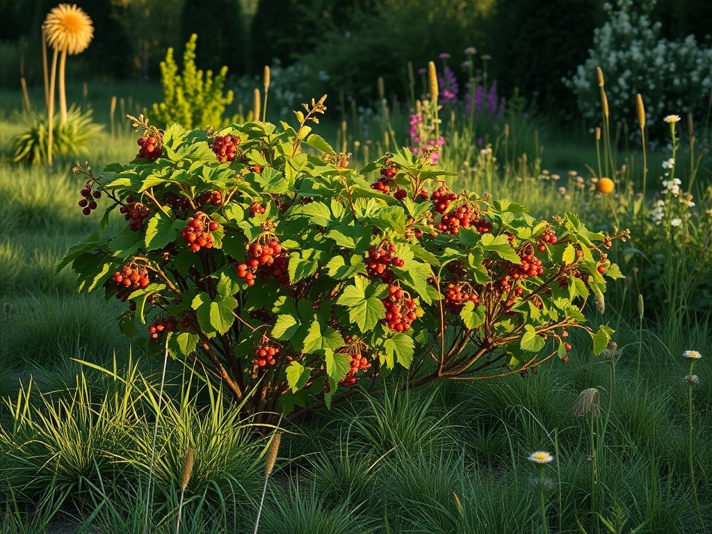 Rustige tuin met aalbesstruiken omgeven door gras en bloemen.