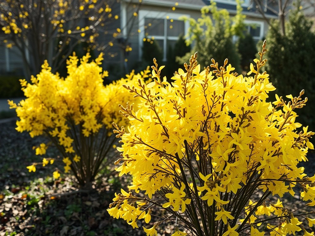 Tuin met felgele bloeiende forsytia struiken onder zacht natuurlijk licht.