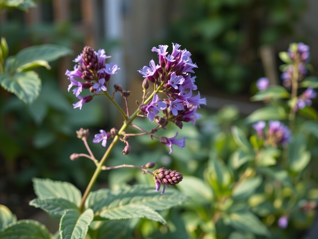 Vlinderstruik met vers gesnoeide takken en paarse bloemen in een natuurlijke achtertuin bij zacht ochtendlicht.