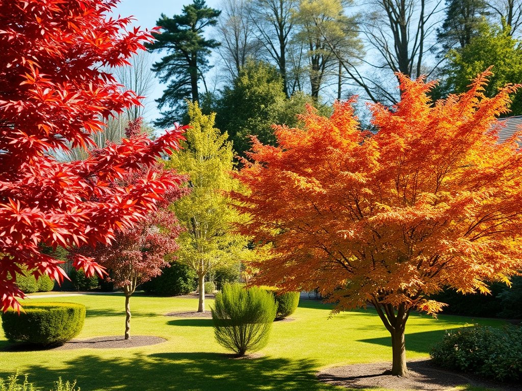 Zonneschijn op een achtertuin met esdoorns in herfstkleuren.