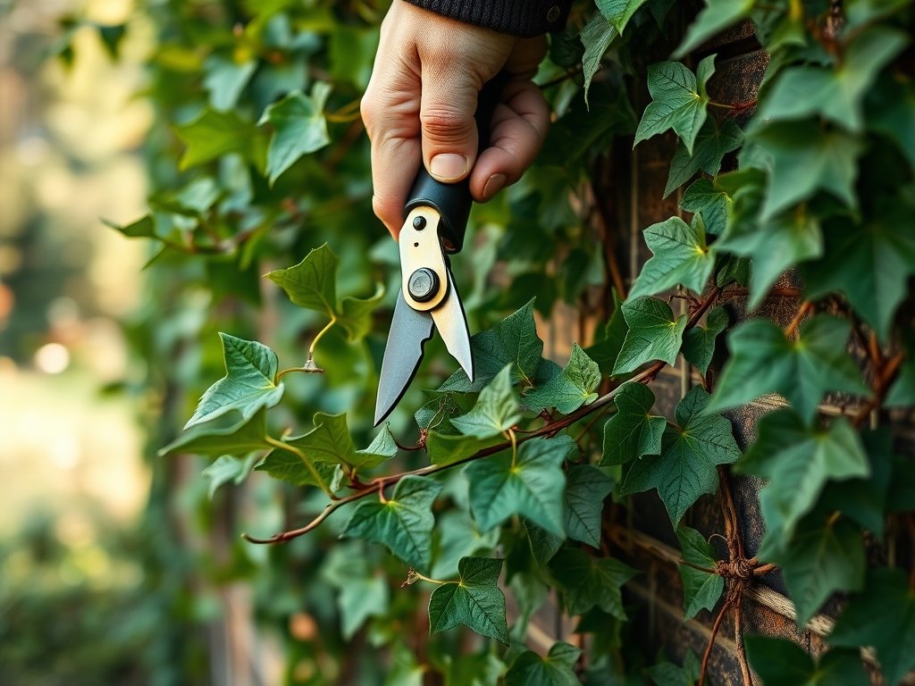 Close-up van handen die klimop snoeien met snoeischaren tegen een tuinmuur.