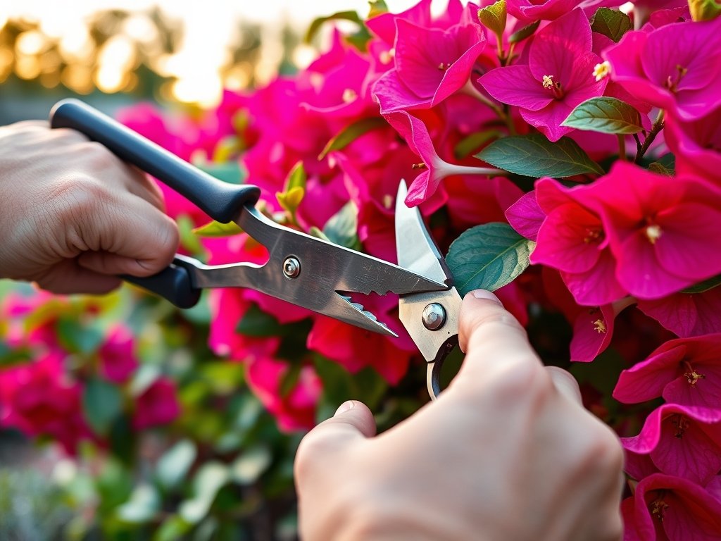 Detailopname van een tuinier die een bougainvillea snoeit met scherpe snoeischaren.