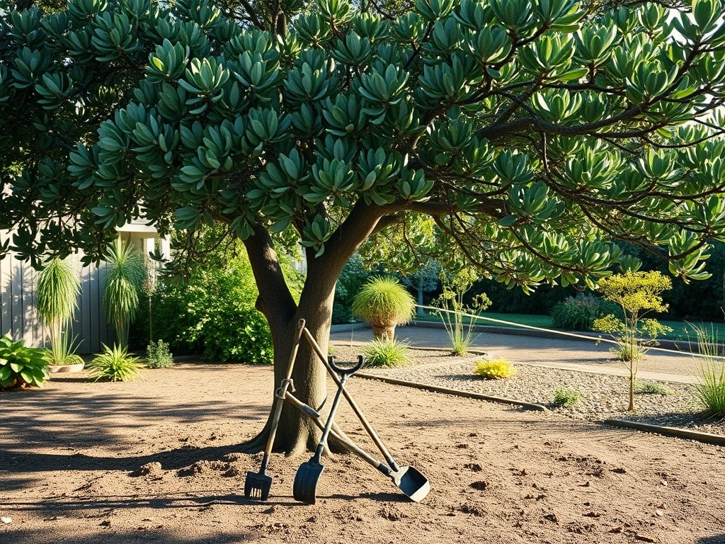 Brede opname van een tuin met een gesnoeide eucalyptusboom en tuingereedschap in natuurlijk licht.