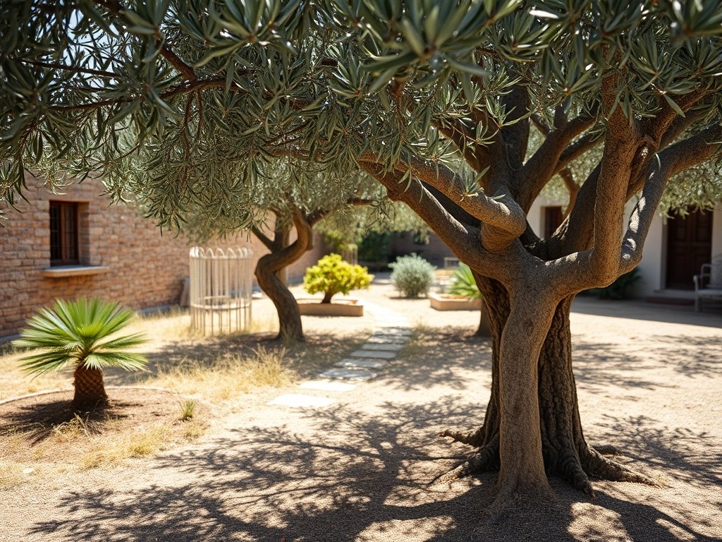 Breed overzicht van een olijfboom met net gesnoeide takken in een mediterrane tuin met zonlicht en stenen paden.
