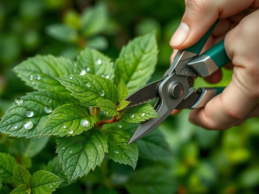 Close-up van glansmispel bladeren met dauwdruppels en een hand die snoeischaar vasthoudt.