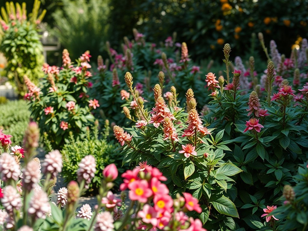 Een tuin met goed onderhouden glansmispel struiken omringd door bloeiende planten.