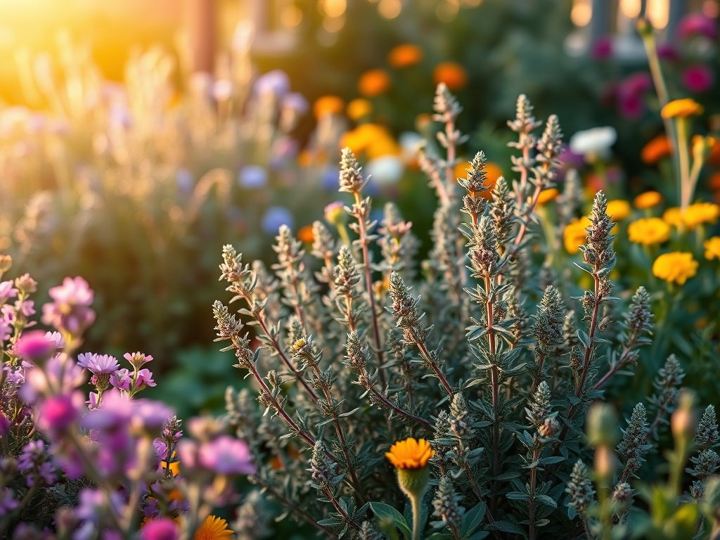 Rustige tuinhoek met verse salie en bloeiende bloemen.