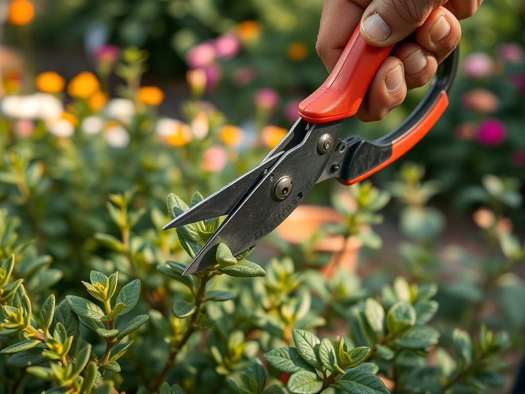 Close-up van scharen die een hebe plant snoeien in een groene tuin.