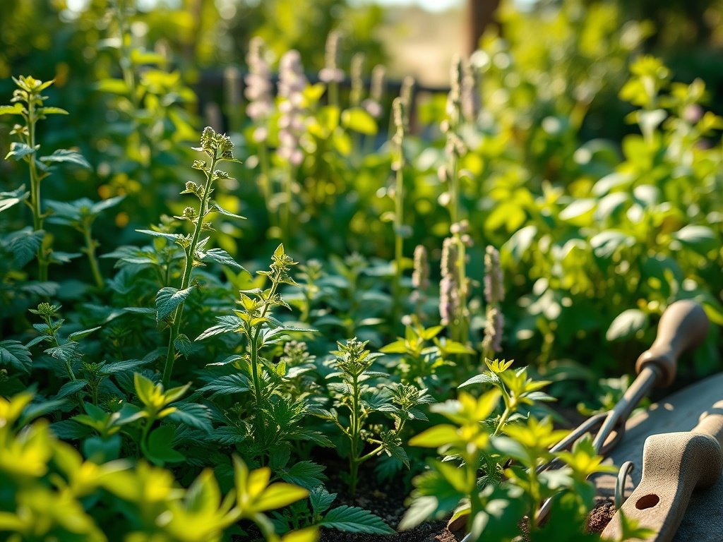 Uitzicht op een kruidentuin met kattenkruid en tuinaccessoires.