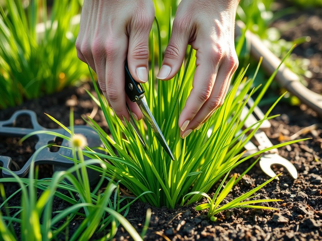Nabij shot van handen die lampenpoetsersgras snoeien met scharen.
