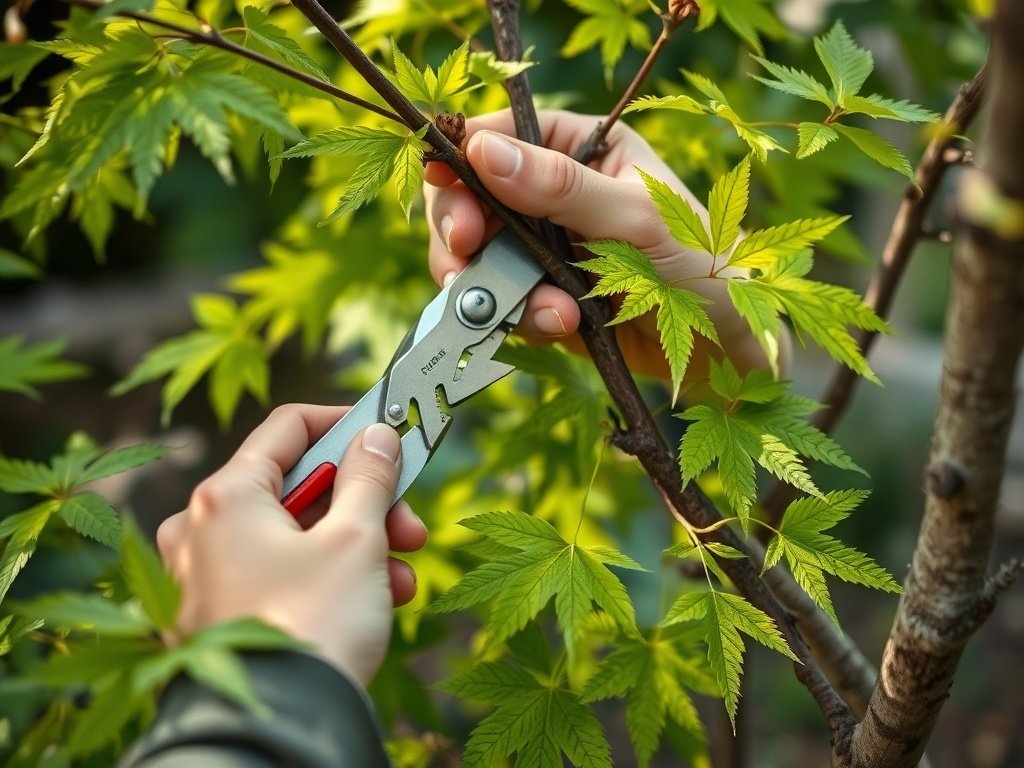 Hands snoeien een esdoornboom met een schaar.