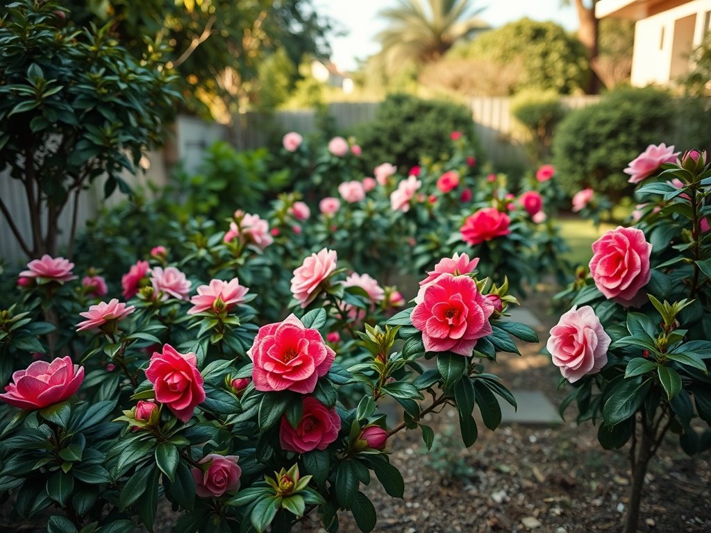 Breedbeeld van een goed onderhouden tuin met verschillende camelia-struiken in bloei en recent gesnoeid.