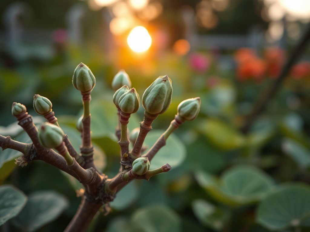 Terclose-up van gesnoeide boerenhortensia stelen met nieuwe knoppen in een tuin.