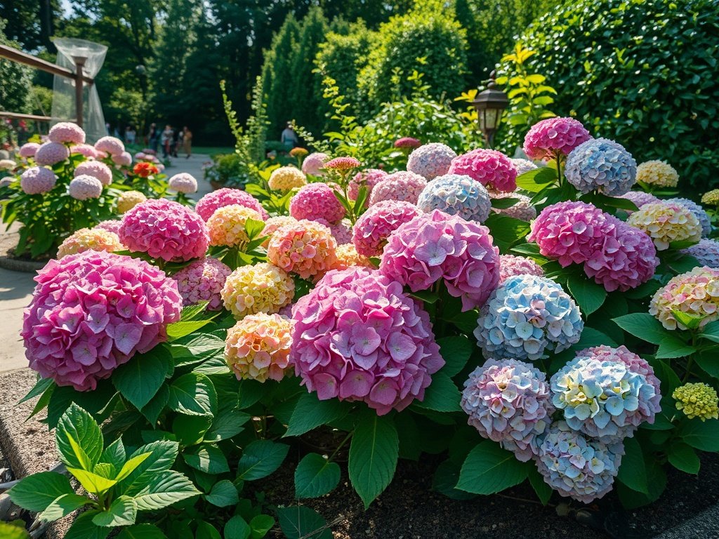 Brede opname van een kleurrijke boerenhortensia tuin met snoeigereedschap op de grond.