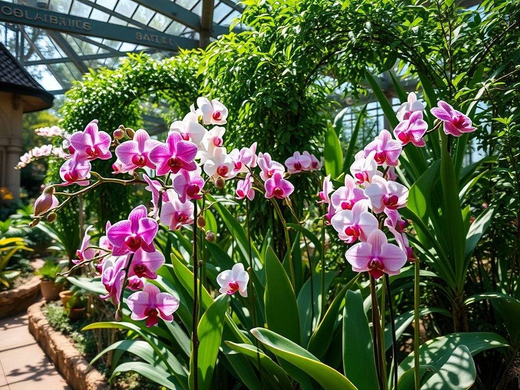 Brede opname van een elegante tuin met verschillende soorten orchideeën.