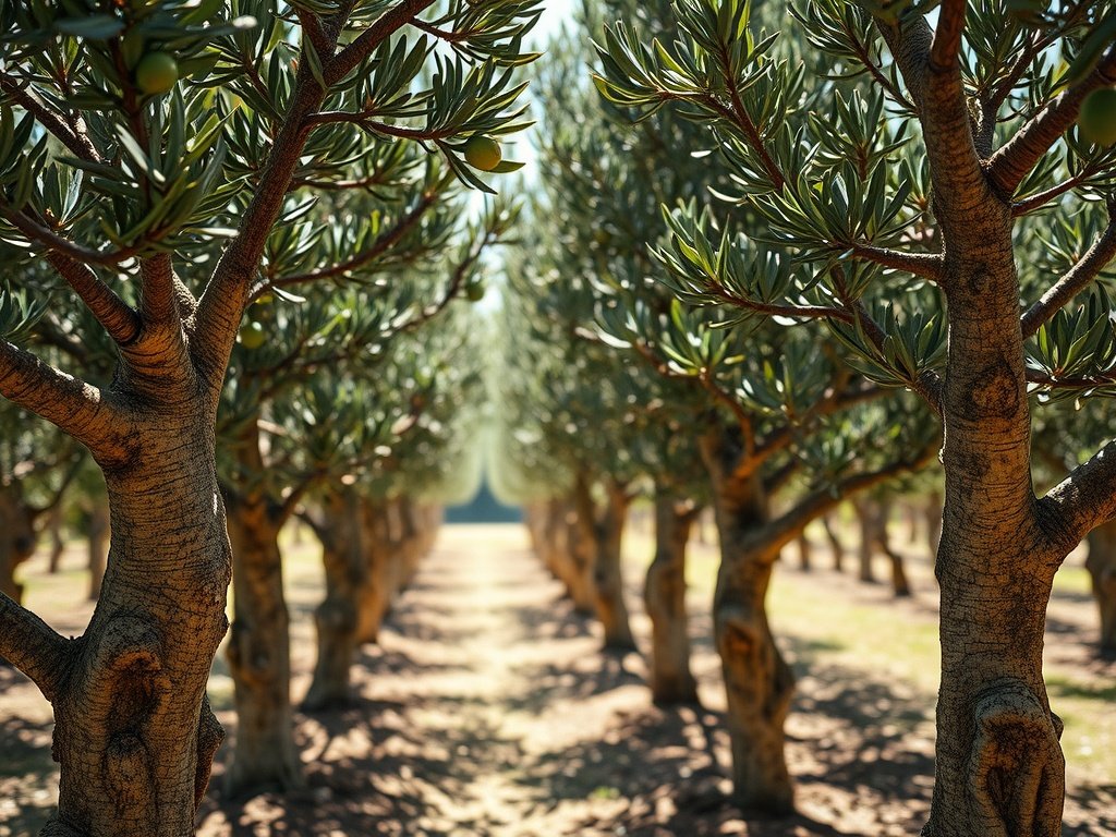 Pruned olijfwilgen met complexe schorsstructuren in een tuin.