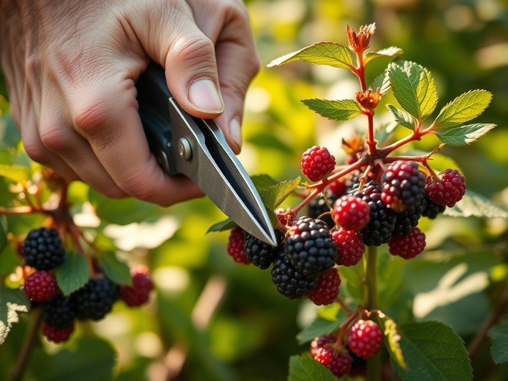 Dichtbij opname van handen die bramen snoeien met snoeischaar.