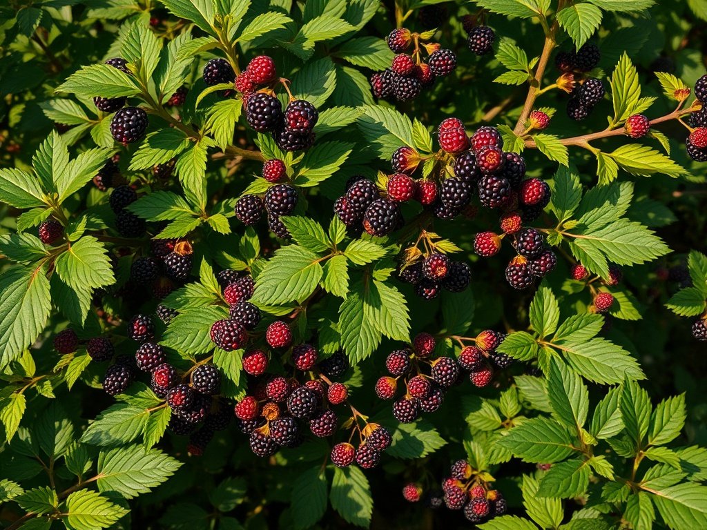 Overzicht van een verwaarloosde bramenstruik met rijpe bessen.
