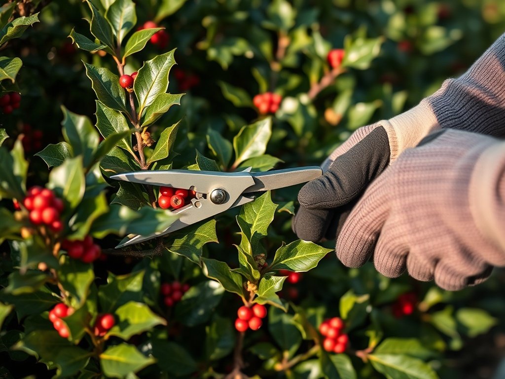 Close-up van gloved handen die een hulst-bush snoeien met snoeischaren.
