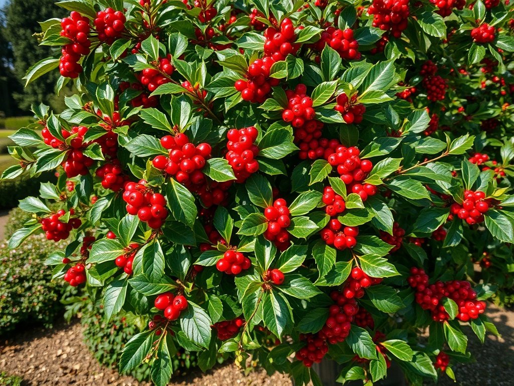 Breedbeeld van een hulst-bush met heldere rode bessen in een tuin.