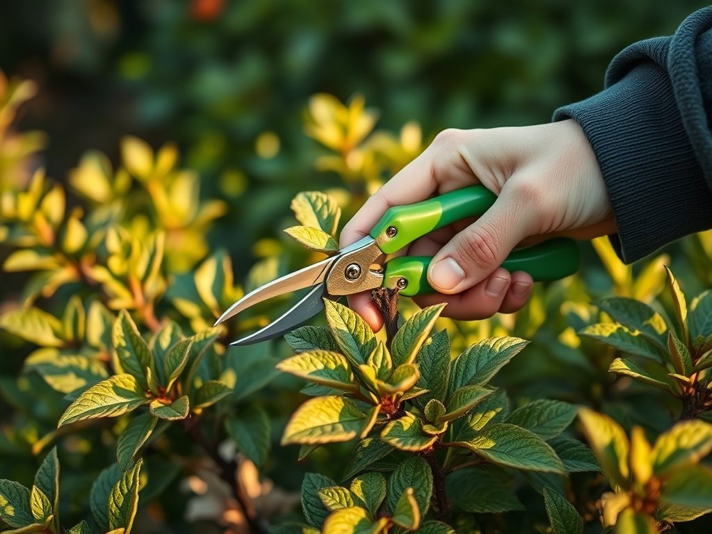 Close-up van handen die een bremstruik snoeien met groene snoeischaar.