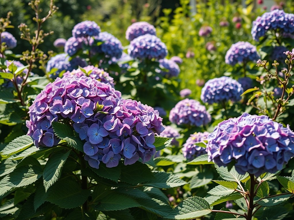 Tuin met verschillende hortensia struiken, enkele gesnoeid en enkele in bloei onder zacht zonlicht.