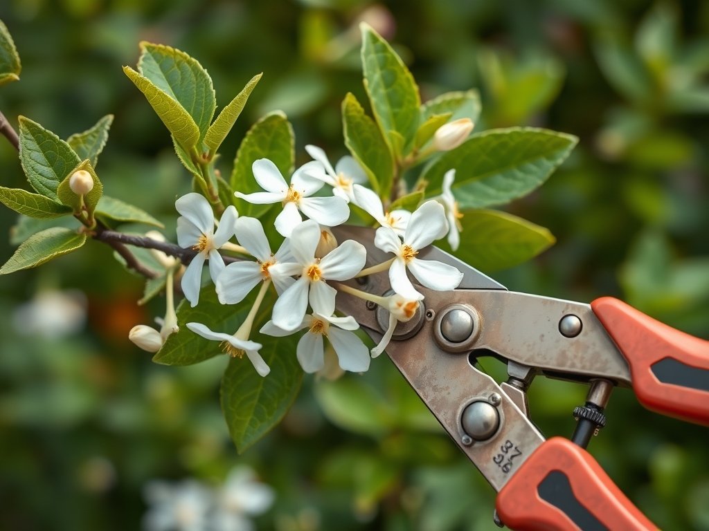 Close-up van vintage snoeischaar die een bloeiende jasmijnstruik snoeit in natuurlijk daglicht.