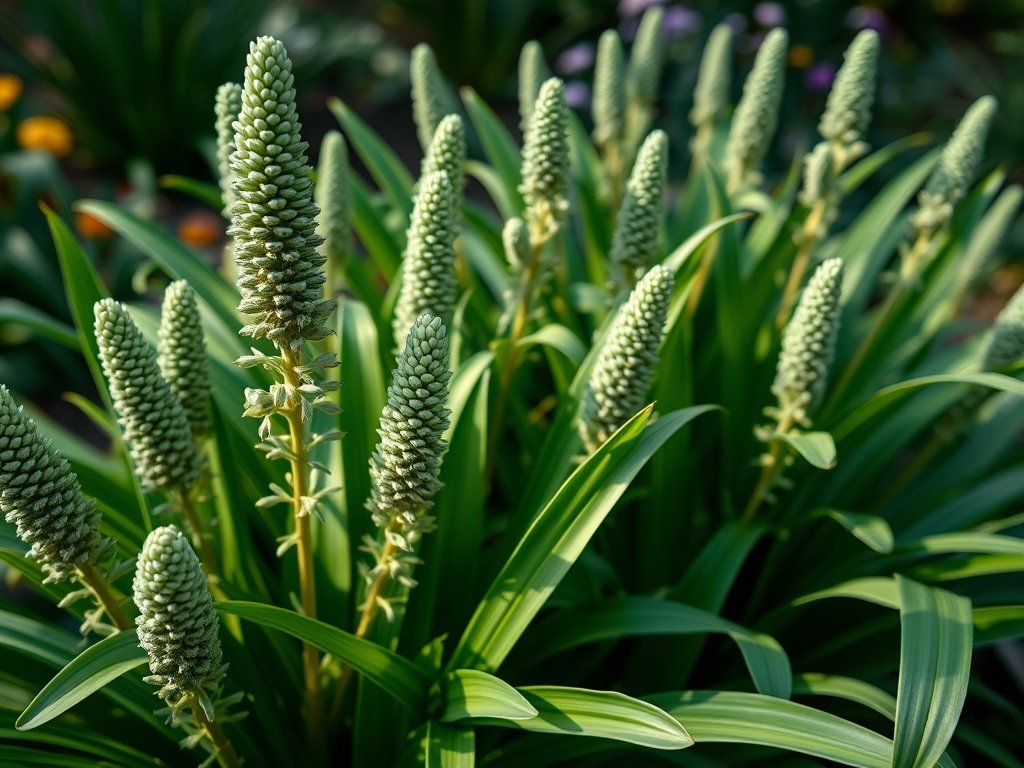 Close-up van weelderige Liriope muscari planten met levendig groen loof.