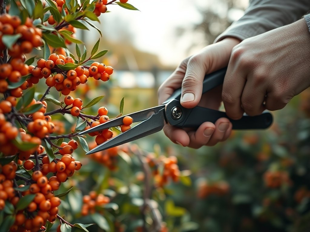 Dichtbijopname van handen die vuurdoorn takken snoeien met scherpe shears.