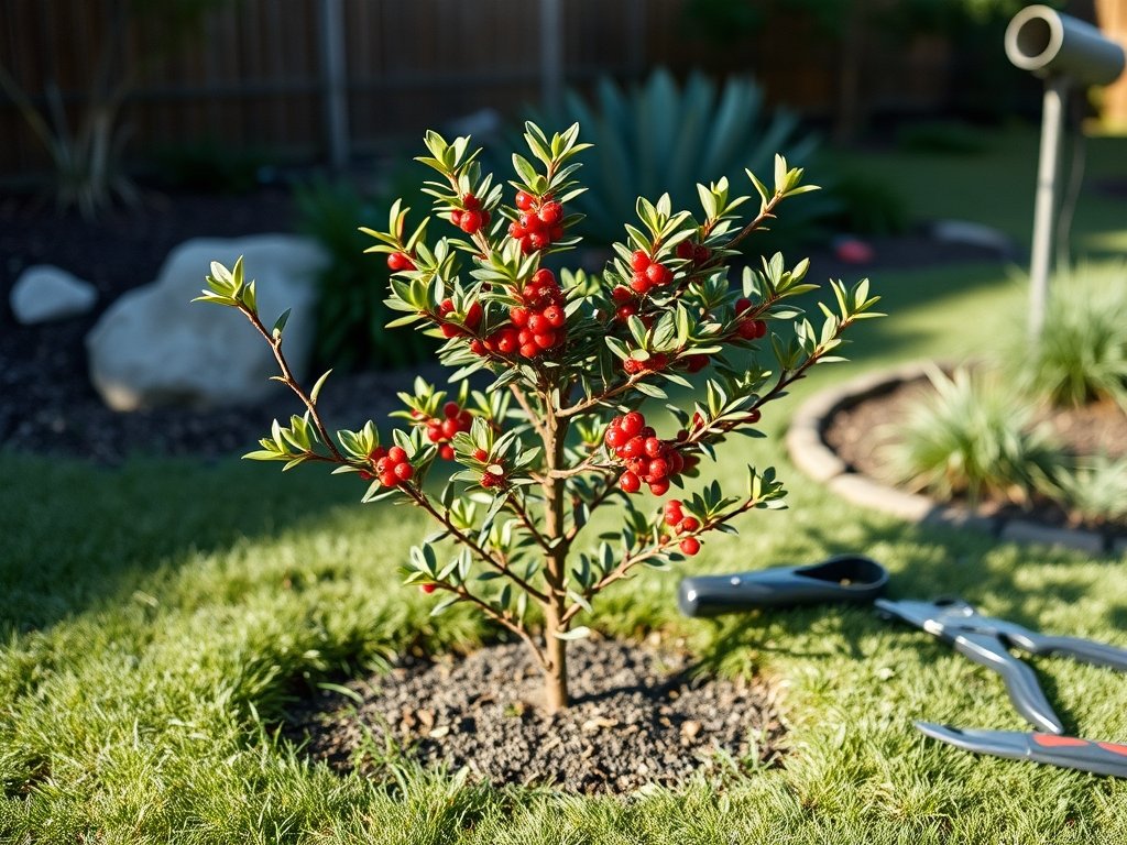 Skimmia struik in tuin met verse snoei en gereedschap op het gras.