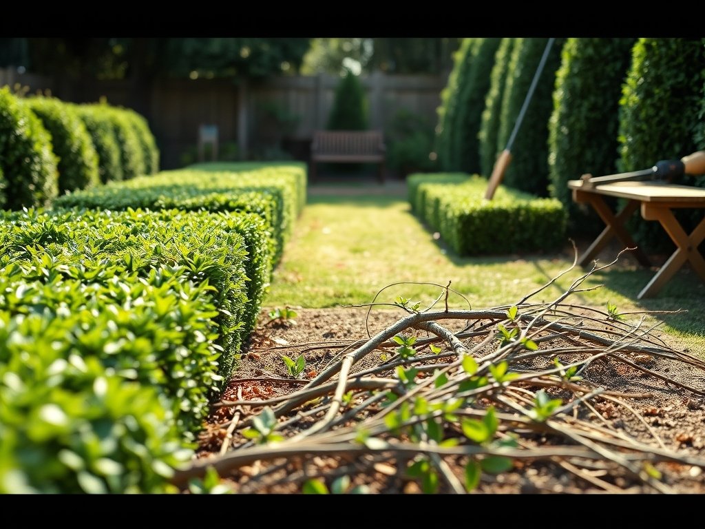Brede tuinopname met gesnoeide hagen en takken op de grond in zonlicht.