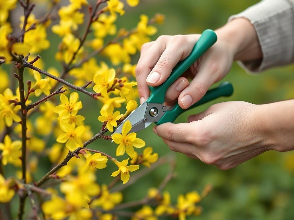 Close-up van handen die een gele forsytia struik snoeien met een groene snoeischaar in een tuin.