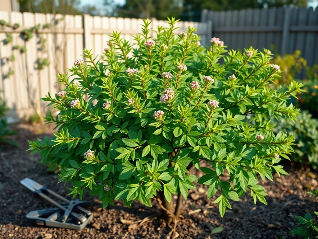 Brede tuinzicht van vers gesnoeide Viburnum tinus struik met groen blad en snoeigereedschap.