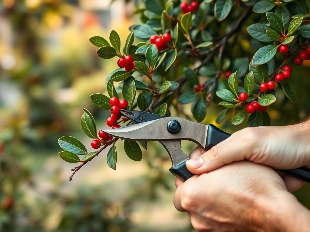 Close-up van handen die Skimmia snoeien met takken en rode bessen.
