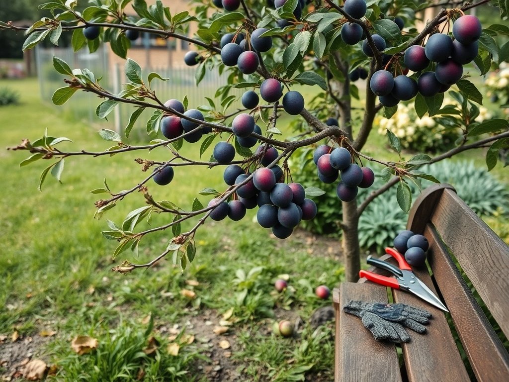 Pruimenboom met vers gesnoeide takken en snoeigereedschap in een natuurlijke tuinomgeving.
