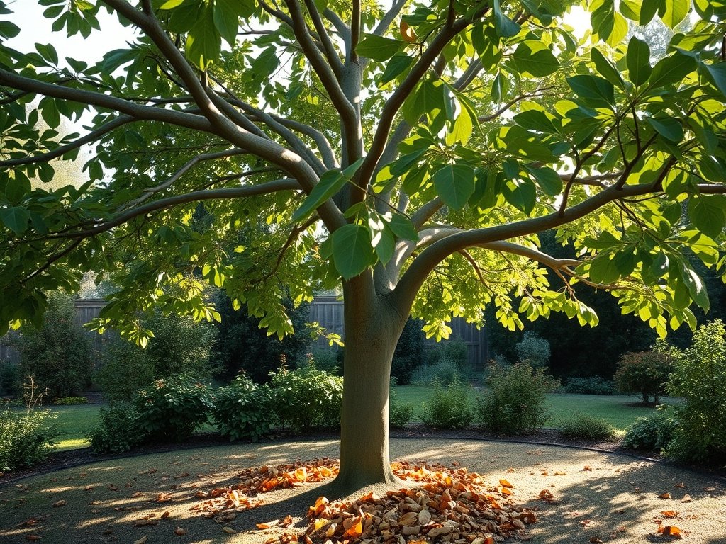 Brede opname van een volwassen catalpa boom met vers gesnoeide takken in een natuurlijke tuin, zachte ochtendlicht en schaduw.