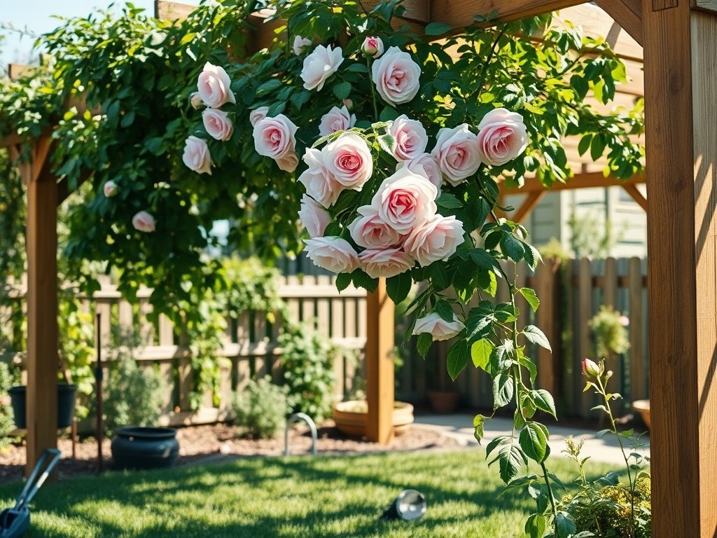 Landschapsfoto van een bloeiende klimroos op een houten pergola onder zachte zonnestralen met tuingereedschap op het gras.