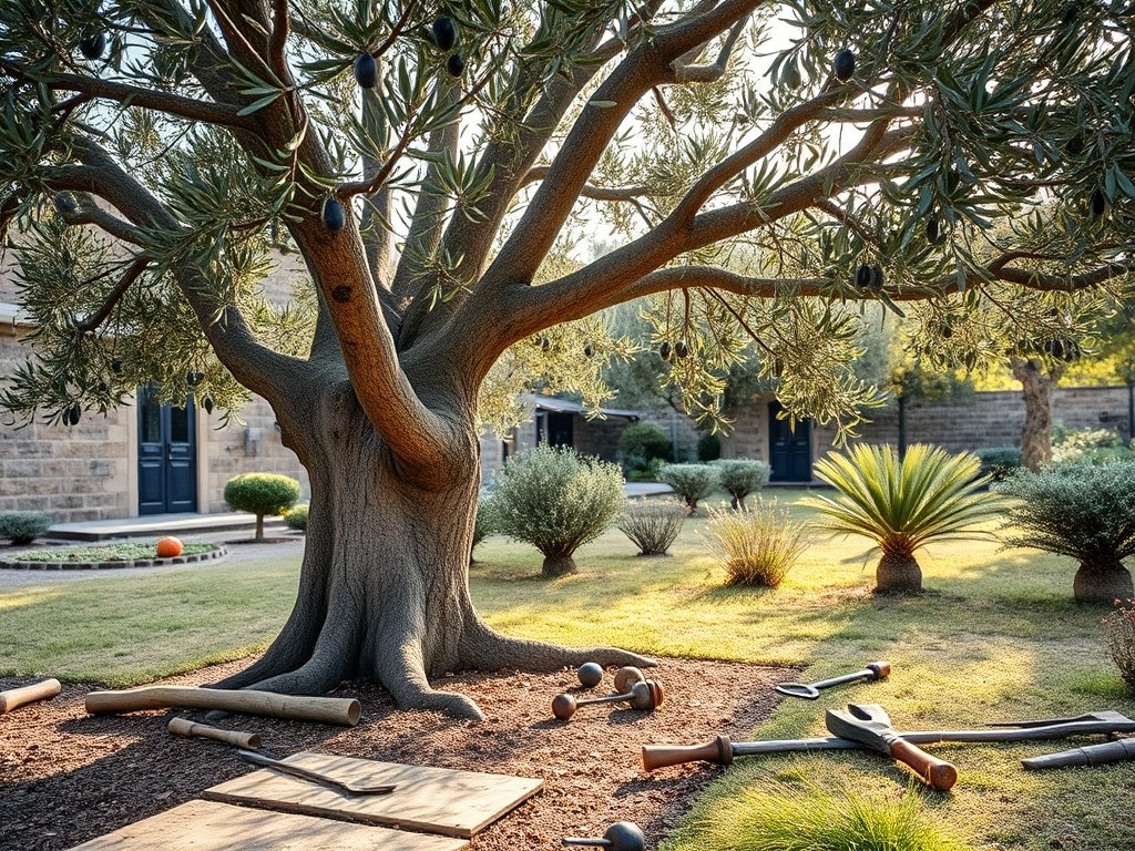 Landschap met een olijfboom in een mediterrane tuin tijdens het snoeien.