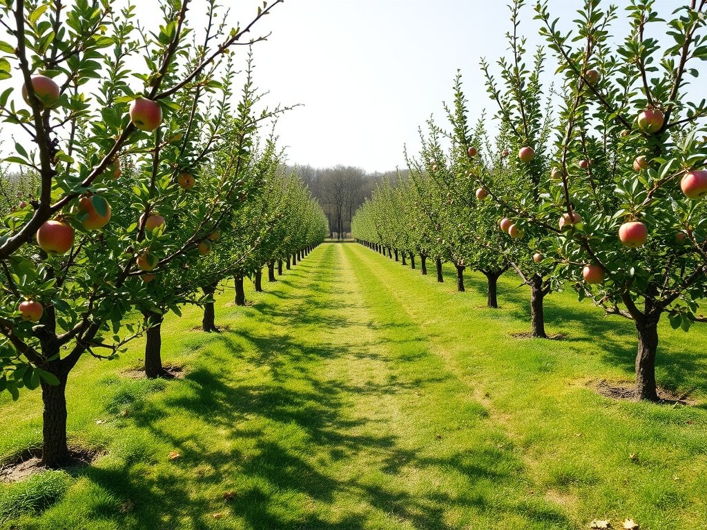 Brede opname van een appelboomgaard met enkele net gesnoeide appelbomen onder zacht zonlicht.