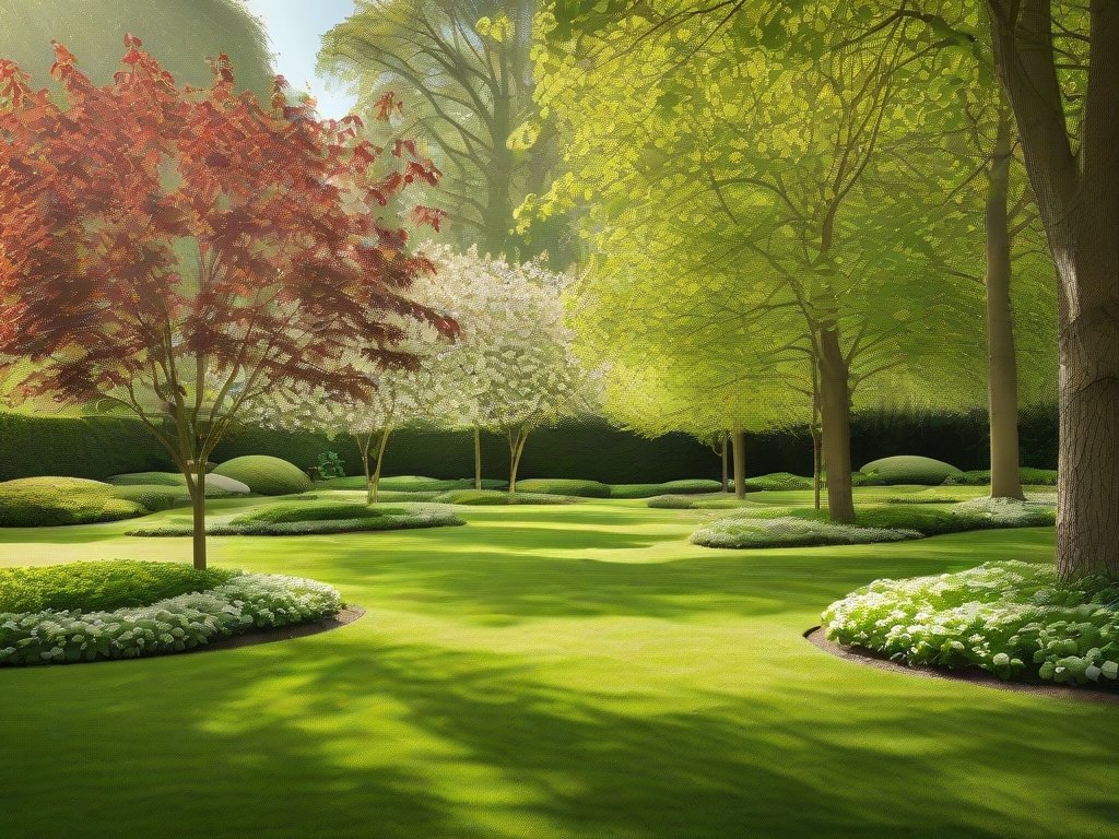 Breed perspectief van een tuin met bloeiende kornoelje bomen in verschillende stadia.