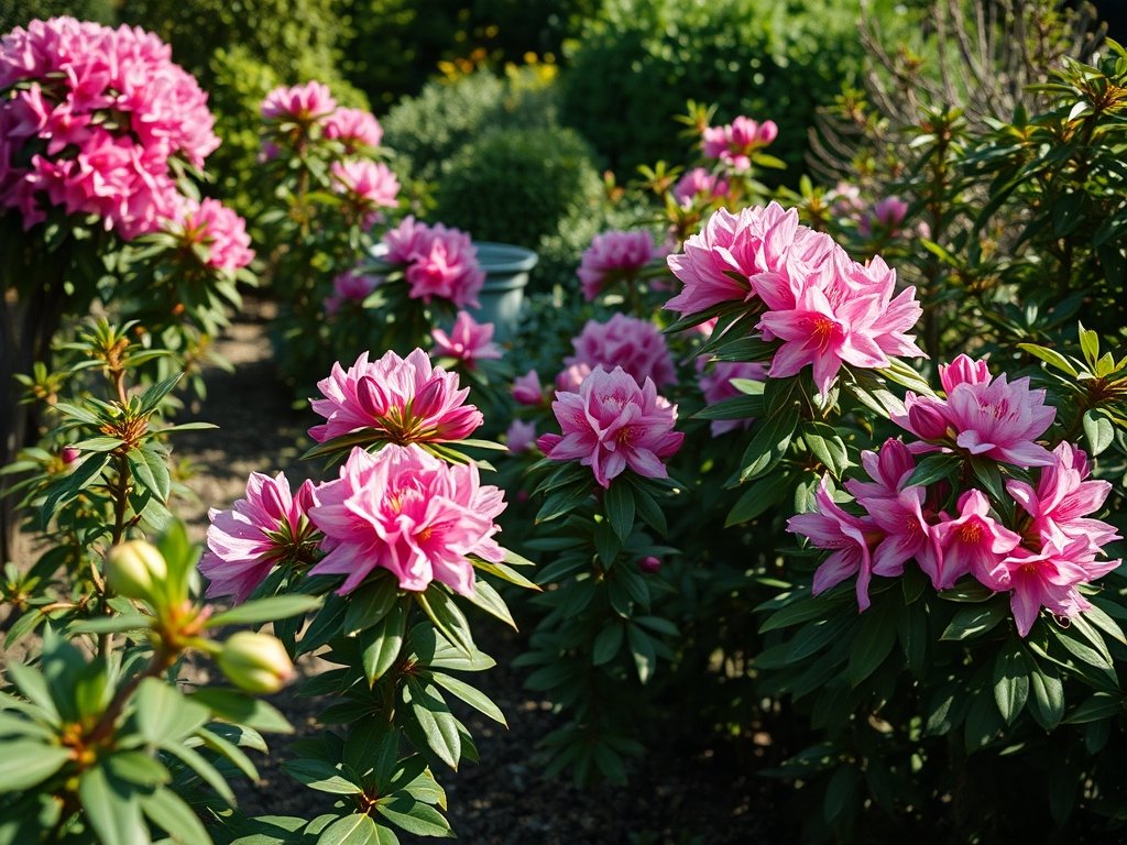 Wijds uitzicht op een tuin met verschillende rhododendronstruiken in groei- en bloeistadia.