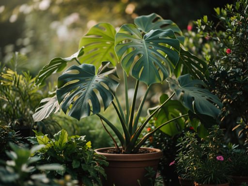 Een Monstera plant in een pot omringd door weelderig groen.