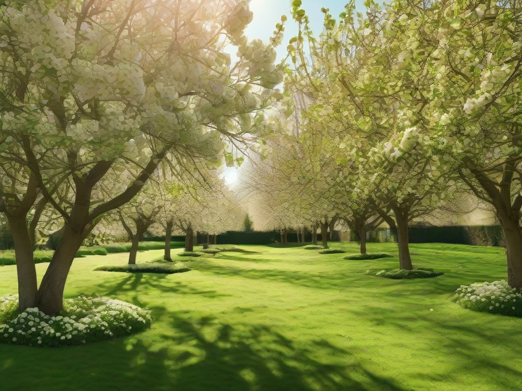 Breedbeeld opname van een tuin met bloeiende meidoornbomen in het ochtendlicht.