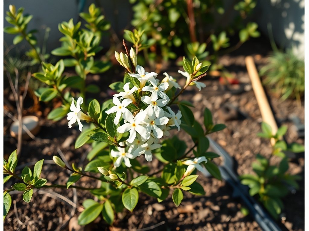 Verse snoeiwonden aan een jasmijnstruik in een natuurlijke tuinomgeving bij ochtendlicht.