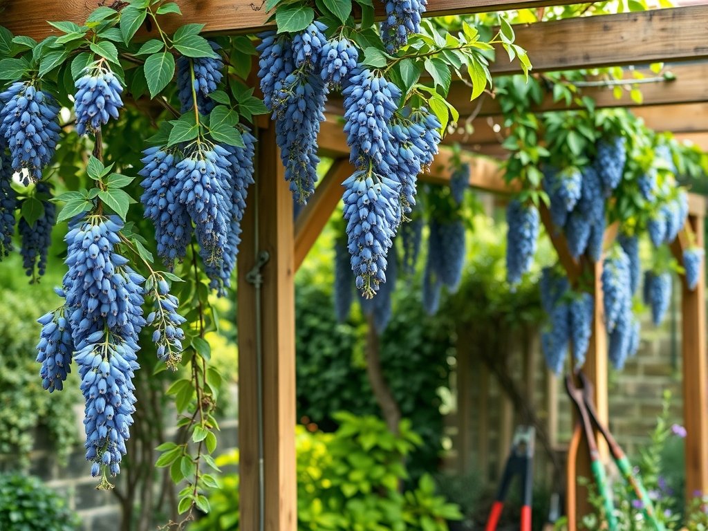 Tuin met een volwassen blauwe regen aan een houten pergola met verse snoeiwonden.