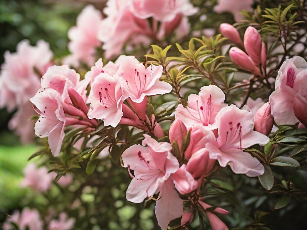 Close-up van takken van een azalea met roze en witte bloemen die worden gesnoeid.