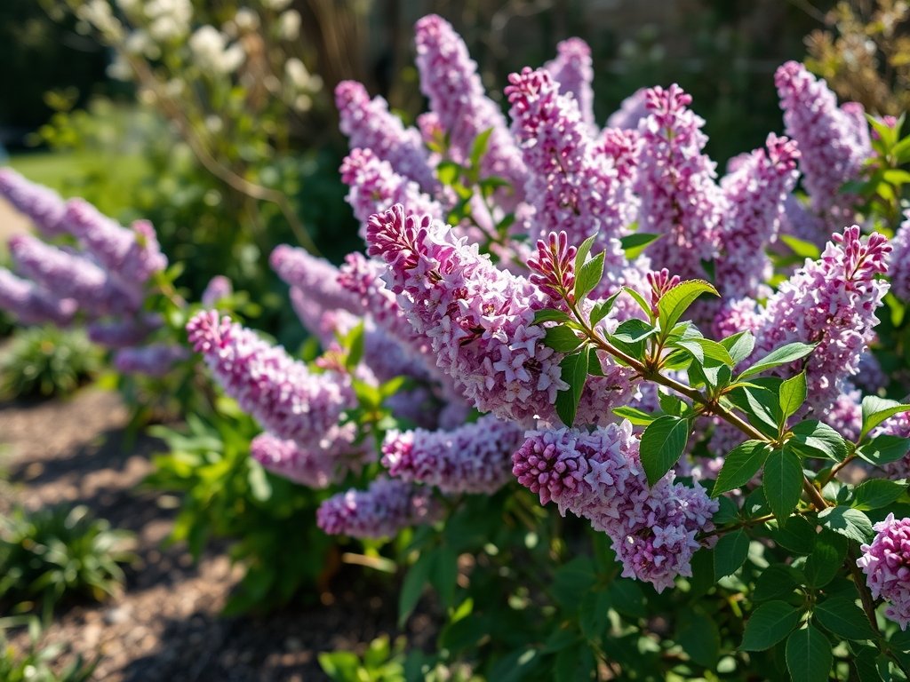 Landschappelijke tuin met bloeiende en recent gesnoeide seringen in zacht ochtendlicht.