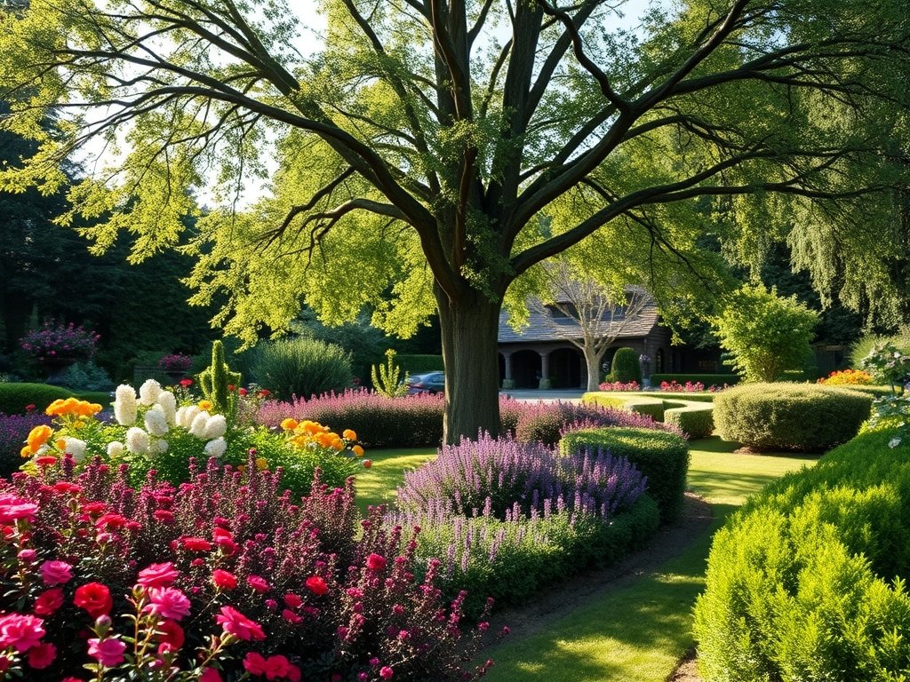 Uitzicht op een tuin met een volwassen haagbeuk omringd door bloemen.