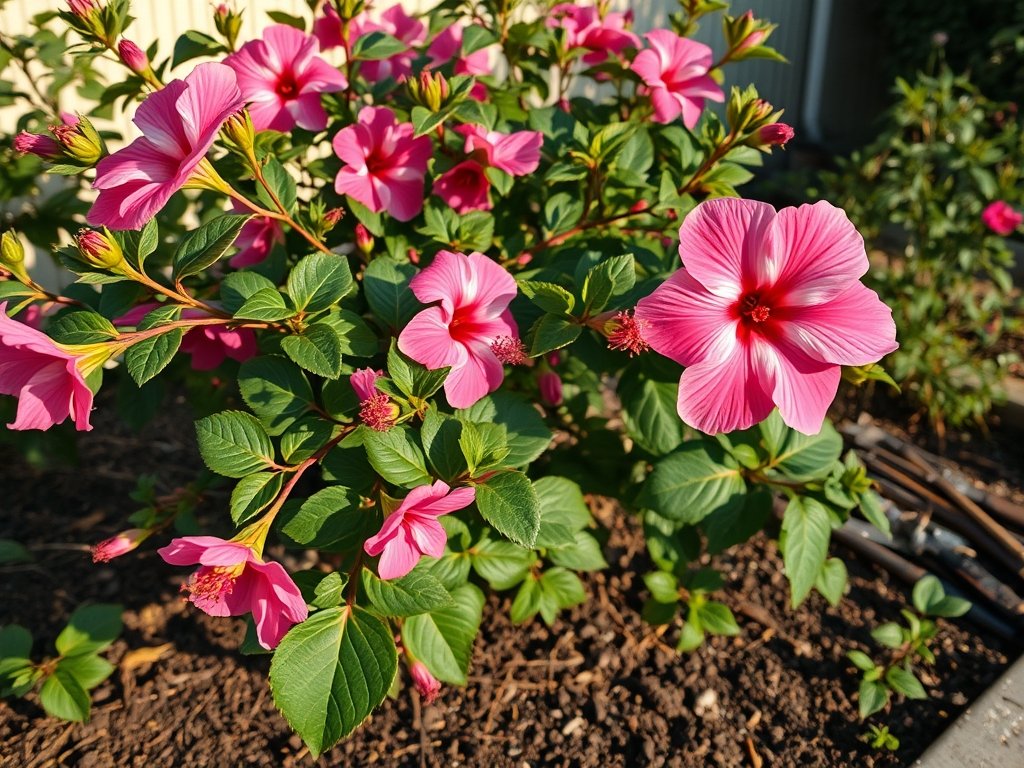 Hibiscus struik met verse snoeiwonden en bloeiende roze bloemen in een natuurlijke tuinomgeving met tuinmaterialen op de grond.